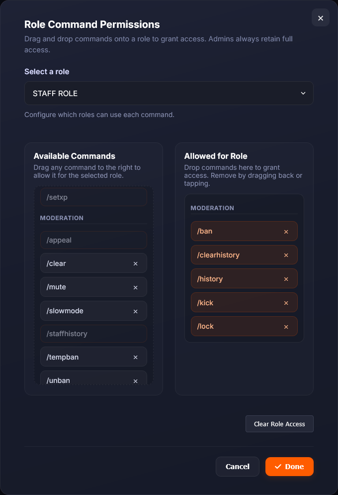 Role Permissions modal preview