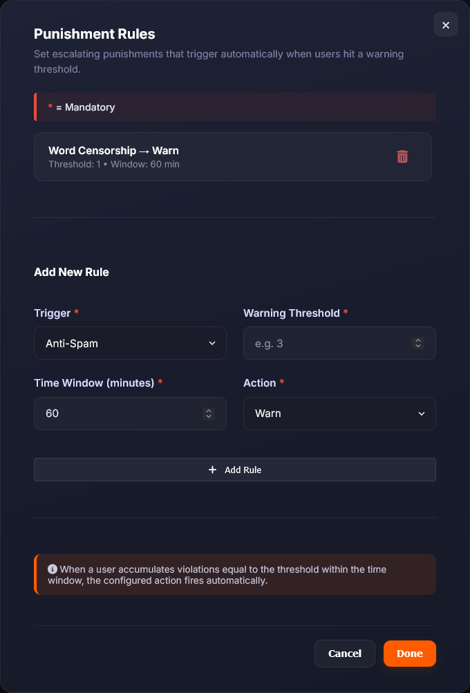 Punishment Rules modal preview