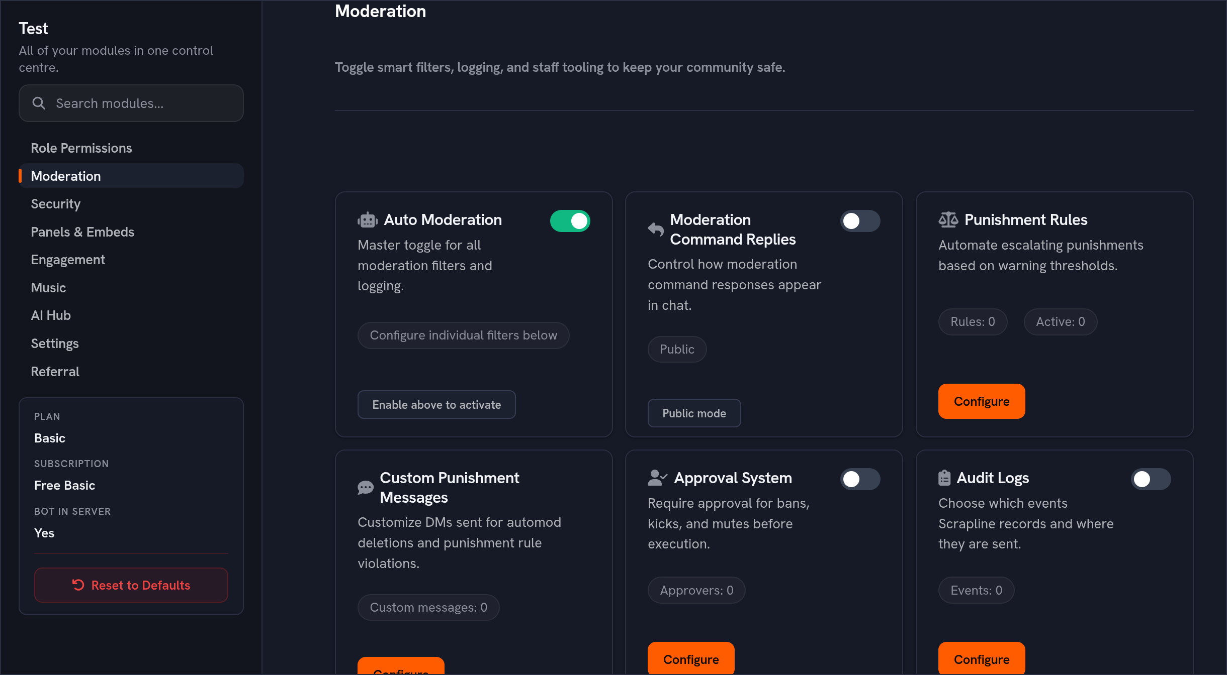 The Scrapline dashboard: moderation modules with one-click toggles